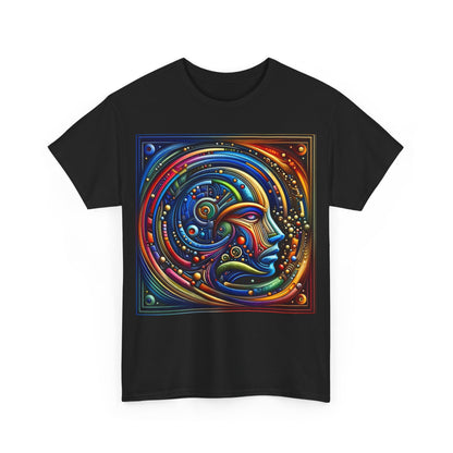 Front view of the Stained Glass Dreams Unisex T-Shirt in black, adorned with an exquisite multi-coloured abstract face design, ideal for stylish individuals.