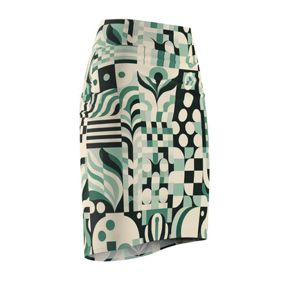 Stylish outfit featuring a pastel green pencil skirt with unique prints, paired with a chic blouse, designed by Dazzling Dreams Studio.