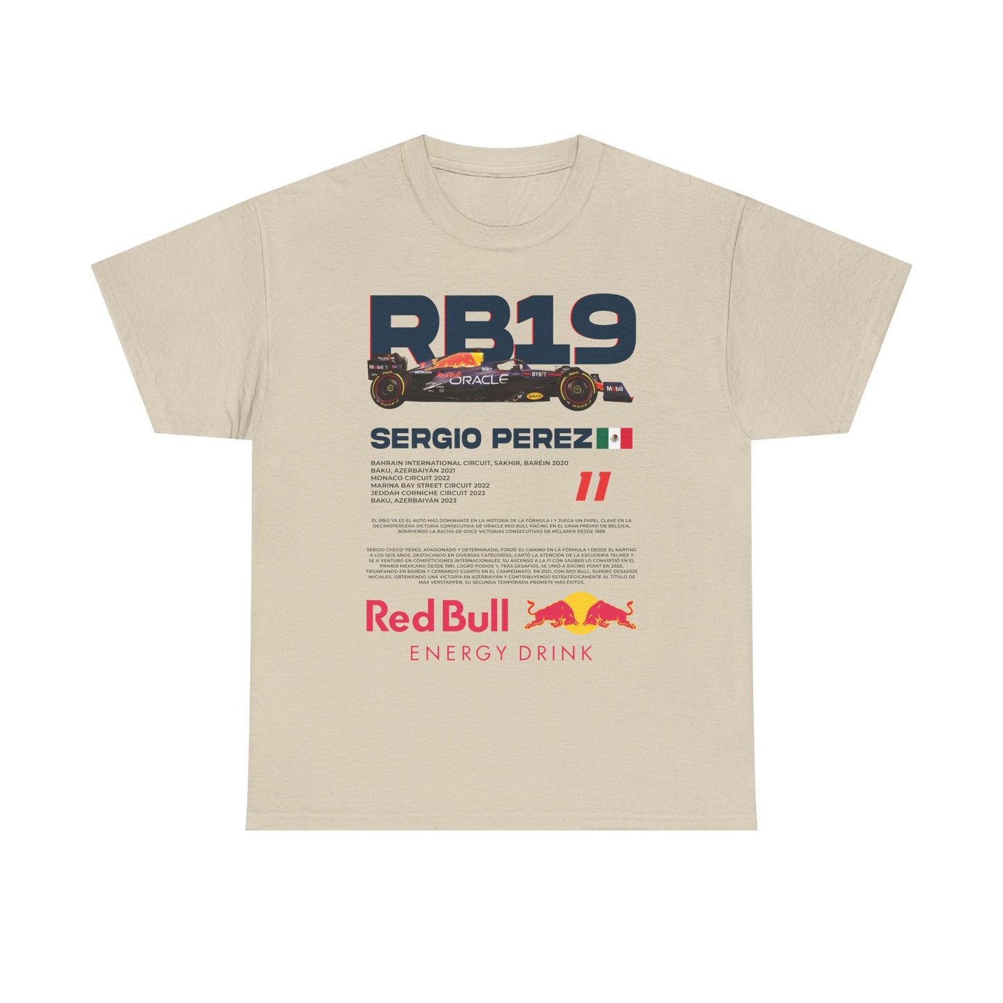Elegant beige men's t-shirt showcasing the RB19 design with Sergio Perez name, perfect for motorsport fans who appreciate casual luxury.