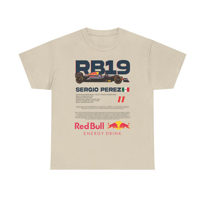 Elegant beige men's t-shirt showcasing the RB19 design with Sergio Perez name, perfect for motorsport fans who appreciate casual luxury.