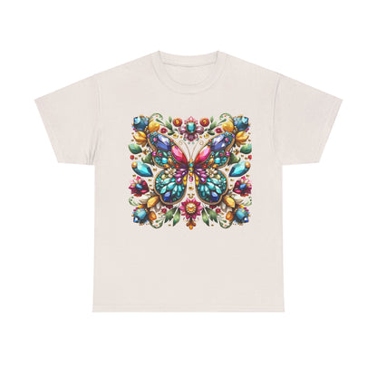 Enchanting Butterfly Brooch Unisex T Shirt featuring a stunning butterfly graphic adorned with colourful gemstones on a light background.