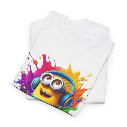 Pack of Men's Funny Minion Paint Splash T-Shirts featuring a playful Minion with artistic vibes, perfect for those who enjoy vibrant and amusing designs. This T-shirt celebrates the joyful spirit of Minions.