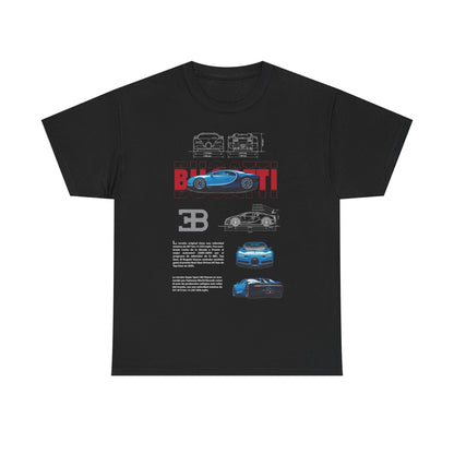 Elegant black Bugatti Chiron men's T-shirt showcasing a stunning graphic of the supercar, along with intricate technical illustrations and eye-catching branding. Ideal for those who appreciate automotive excellence.