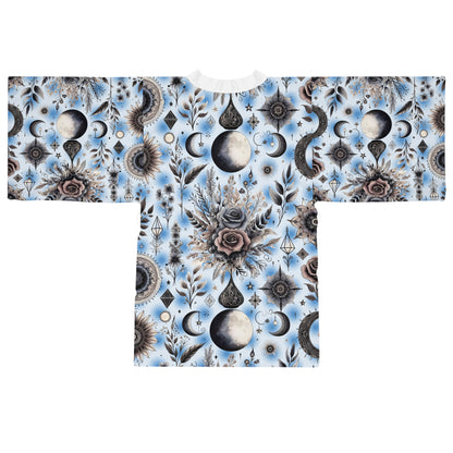 Floral Kimono Robe - Women's Robe, highlighting intricate floral and celestial designs, perfect for creating a glamorous boho chic look.