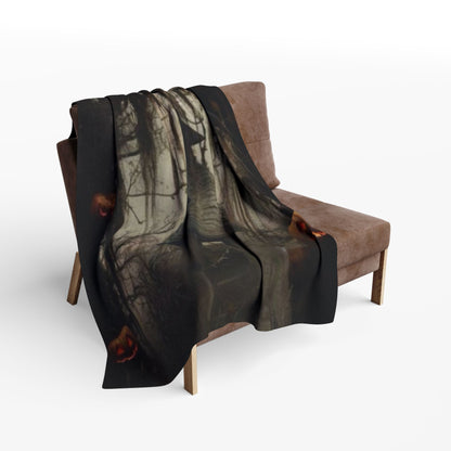 Chic presentation of the Decorative and Warm Halloween Spooky Arctic Fleece Blanket draped over a modern chair, adding a touch of elegance to Halloween decor.