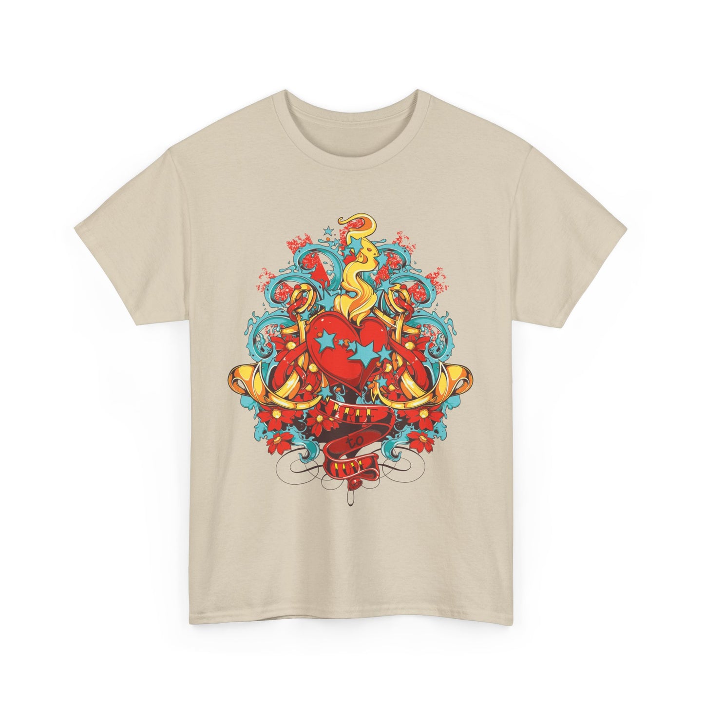 Charming beige men's t-shirt displaying a colourful heart design with artistic flair, perfect for making a bold fashion statement. Embrace creativity and elegance.