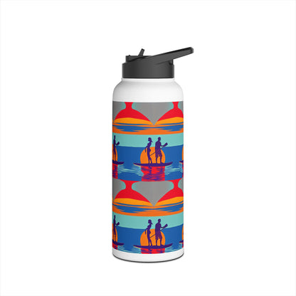 Chic Fantasy Paddleboarding Stainless Steel Water Bottle adorned with a stunning depiction of sunset paddleboarding, designed for style and functionality on every adventure.