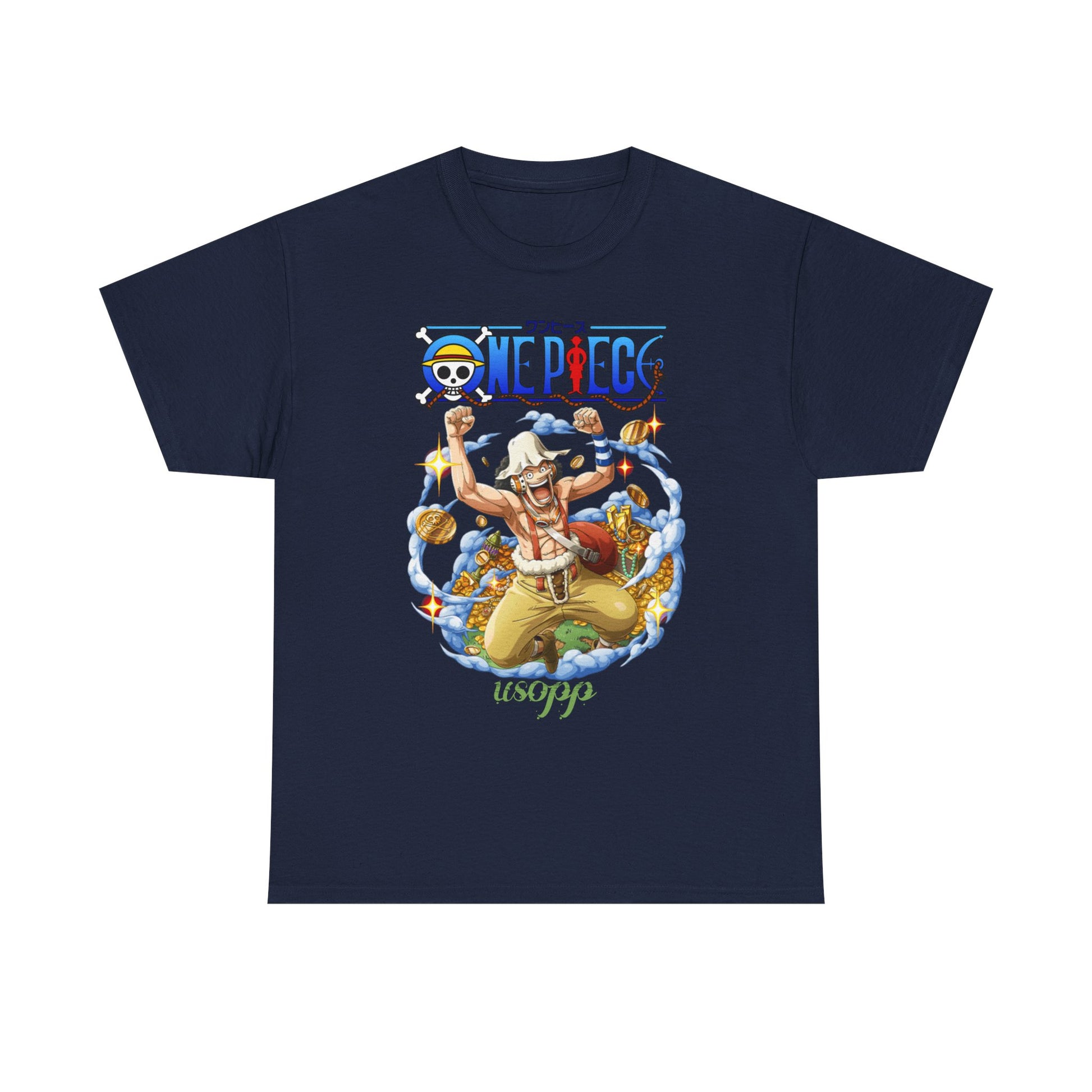 Dynamic Usopp men's t-shirt showcasing vibrant One Piece design, featuring Usopp mid-leap surrounded by gold coins and whimsical clouds, in rich navy fabric.