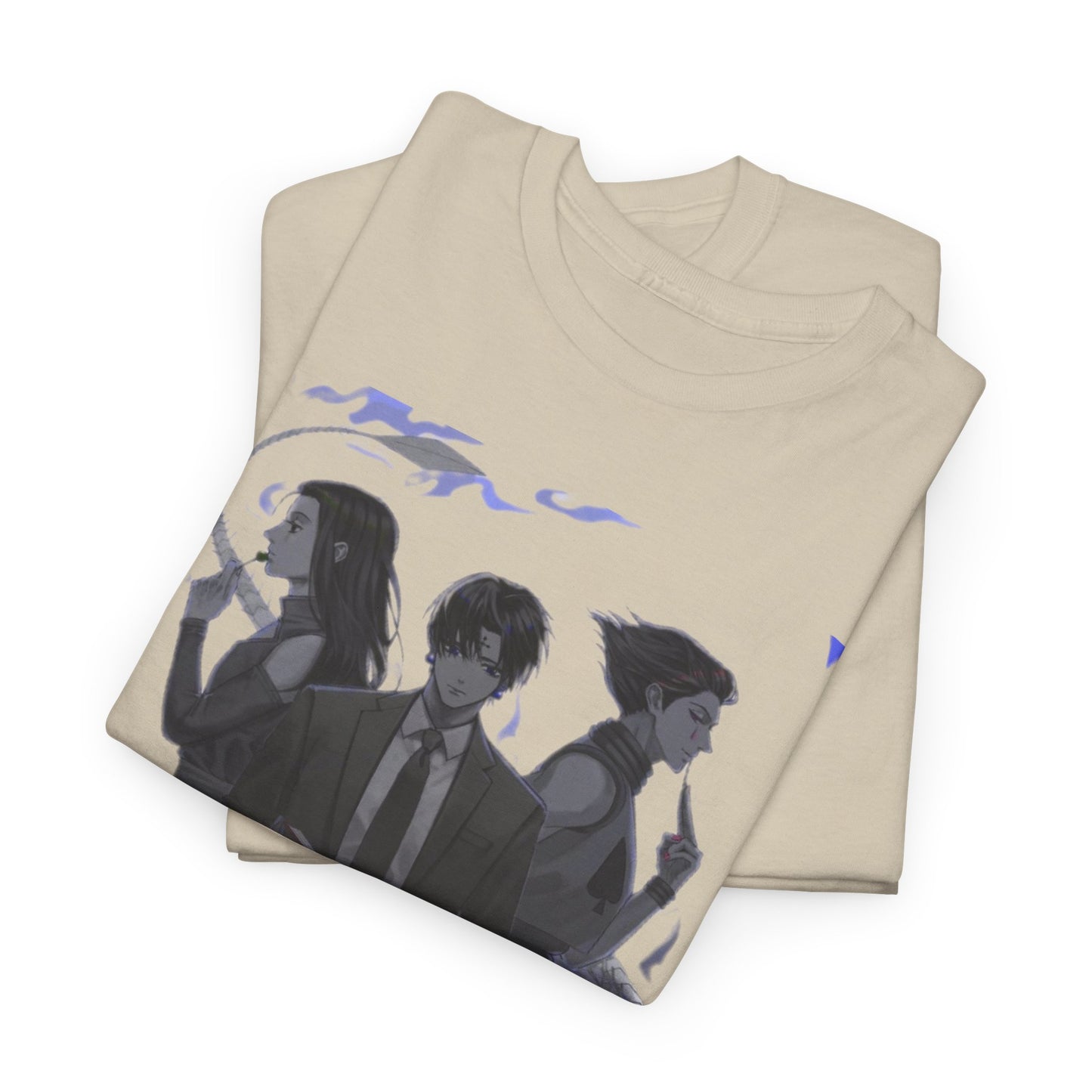 Elegant stack of Hunter x Hunter themed T-shirts showcasing dynamic character artwork, a stylish addition to any anime lover's wardrobe.