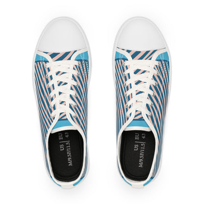 Zara Boltstrike Men's Lowtop Sneakers by Dazzling Dreams Studio featuring a stylish blue and pastel pink pinstriped design that embodies luxury and elegance.