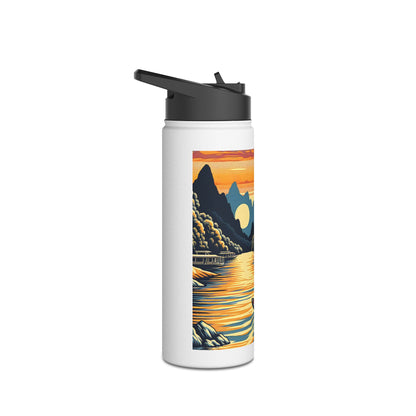 Artistic Fantasy Paddleboarding Stainless Steel Water Bottle displaying a captivating sunset view over water, designed for luxury hydration enthusiasts.
