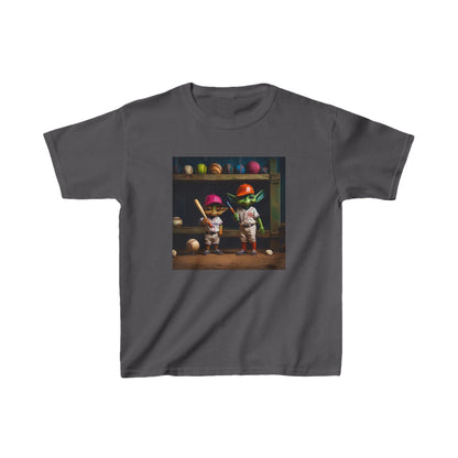 Kids Cute Alien Heavy Cotton T-Shirt in dark grey featuring playful alien characters, perfect for stylish young explorers.
