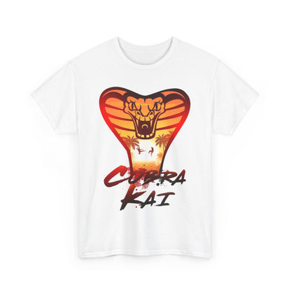 Stylish Cobra Kai unisex t-shirt showcasing an eye-catching snake motif with sunset gradients, ideal for casual sophistication.