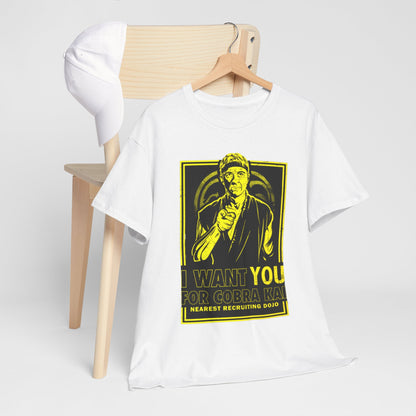 Refined presentation of a graphic tee with 'I Want You for Cobra Kai' text, alongside accessories, embodying lifestyle and a passion for the martial arts aesthetic.