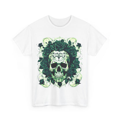 Skulls and Roses Cotton Tee - Unisex graphic shirt showcasing an intricate skull design surrounded by elegant roses, displayed on a white background.