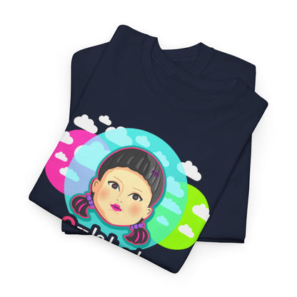 Neatly folded 'Squid Game' Unisex T-Shirt in navy blue, featuring an artistic character design, perfect for stylish fans of the iconic series.