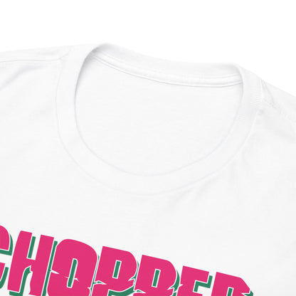 Close-up view of the neckline of a premium white t-shirt, featuring a bold Chopper graphic, highlighting quality and attention to detail.