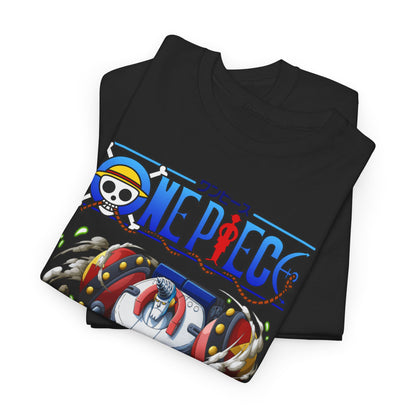 Folded luxury One Piece Franky t-shirts, highlighting intricate graphic design and rich colour, perfect for gifting to anime lovers.