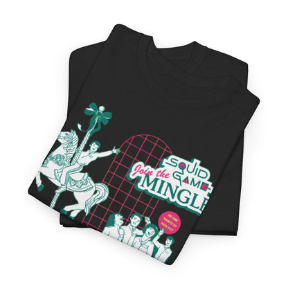 Luxurious double folded black t-shirt displaying a fun Squid Game theme with creative illustrations, designed for comfort and standout style.