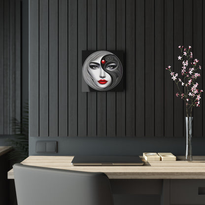 Yin-Yang Acrylic Print - Artful Expressions, a luxurious 12-inch abstract wall art featuring a stylised woman's face with flowing black and white lines, a striking red dot on her forehead, and bold red lips, displayed elegantly against a chic interior setting.