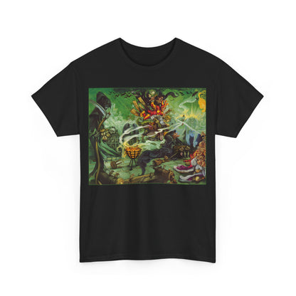 Vibrant black unisex t-shirt featuring a captivating front graphic design from the Discworld Wyrd Sisters, elegantly blending artistry with whimsical fantasy for discerning fashion enthusiasts.