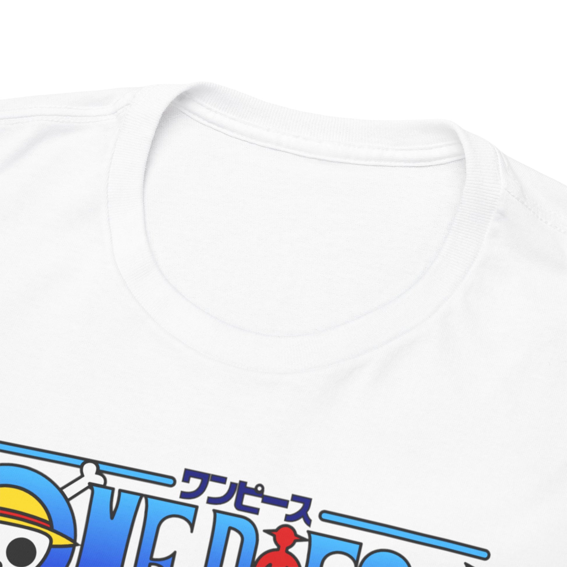 Elegant close-up of the collar and neckline of a luxurious white men's t-shirt featuring a design inspired by a popular anime series. Perfect for fans seeking sophistication.