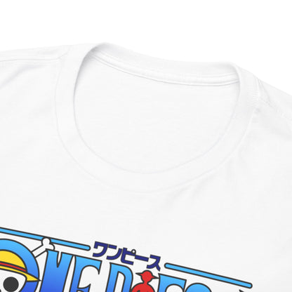 Elegant close-up of the collar and neckline of a luxurious white men's t-shirt featuring a design inspired by a popular anime series. Perfect for fans seeking sophistication.