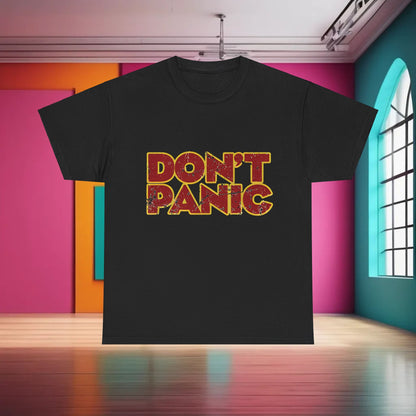 Chic Dont Panic Hitch Hikers Guide Graphic T-Shirt presented in a sophisticated black, encapsulating urban fashion with a nod to sci-fi culture.
