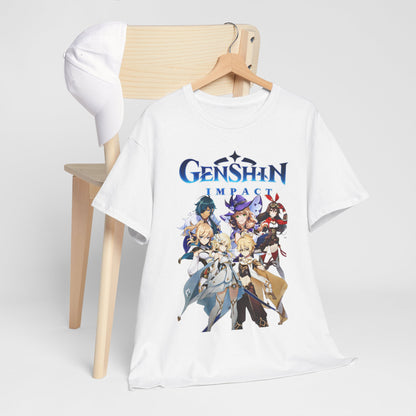 Luxurious Genshin Impact T-Shirt displayed on a wooden hanger, featuring vibrant characters and the iconic logo, perfect for anime and gaming aficionados.