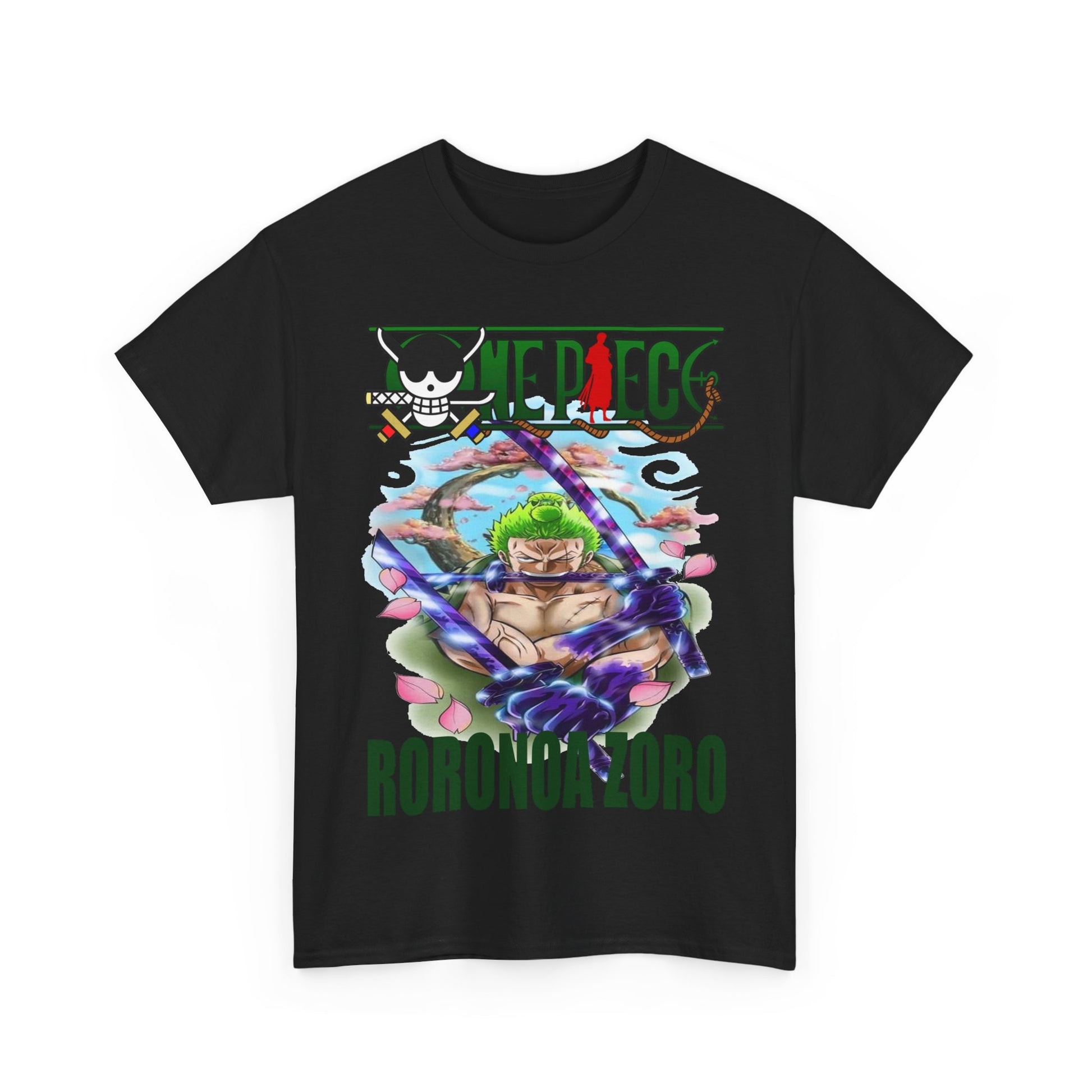 Luxury Roronoa Zoro T-Shirt showcasing a stunning graphic design featuring Zoro with katanas amidst vibrant pink flowers, embodying the spirit of adventure for anime enthusiasts.