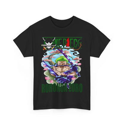 Luxury Roronoa Zoro T-Shirt showcasing a stunning graphic design featuring Zoro with katanas amidst vibrant pink flowers, embodying the spirit of adventure for anime enthusiasts.