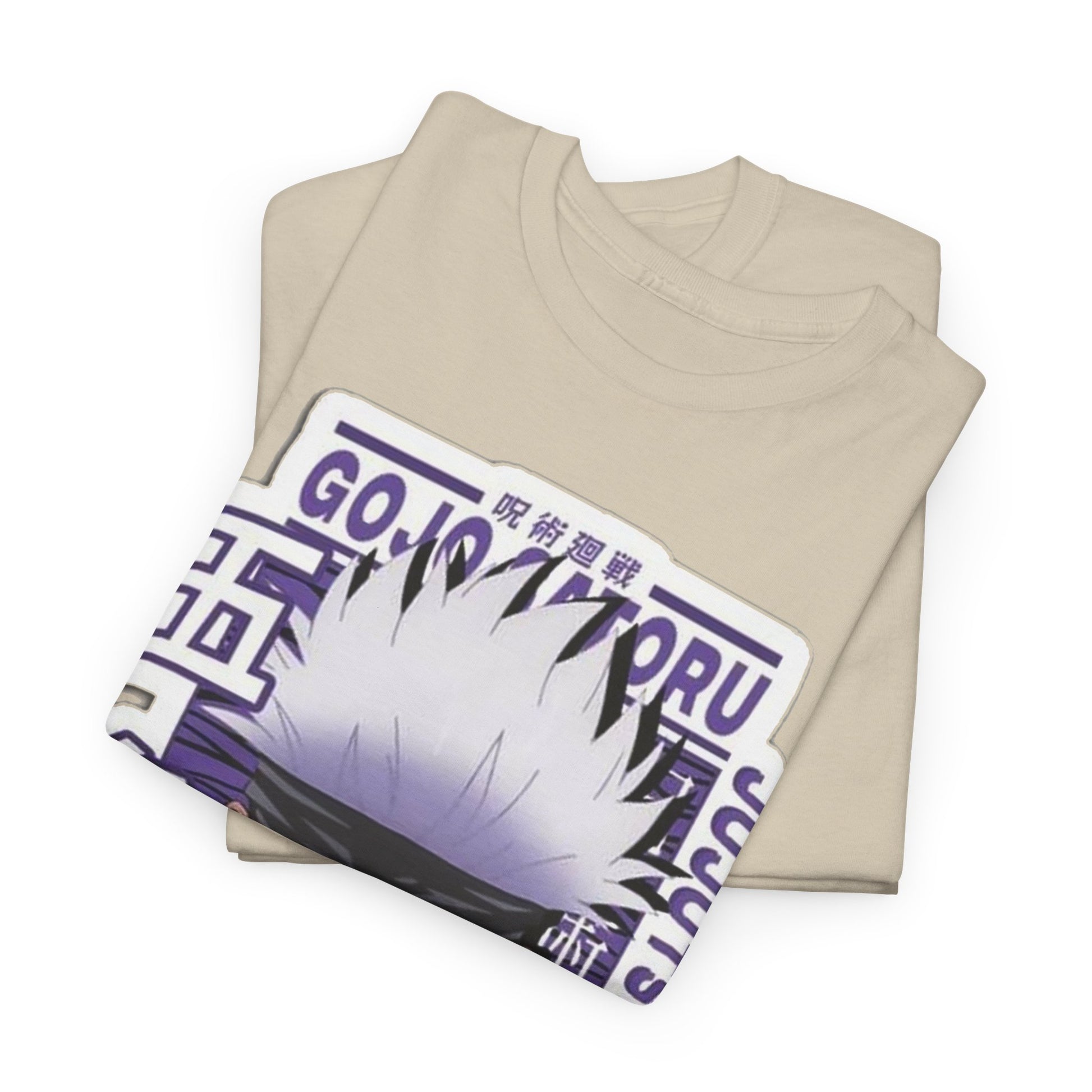 Luxurious beige Gojo Satoru T-shirt featuring stunning graphic artwork from Jujutsu Kaisen, showcasing the character's striking grey and purple hairstyle.
