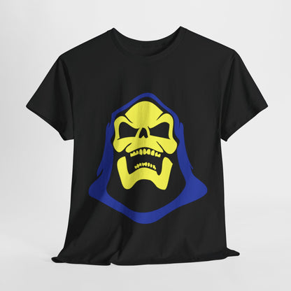 Masters of the Universe Skeletor Unisex Men’s Women’s Graphic T Shirt Tee featuring a vibrant yellow and blue graphic of Skeletor's iconic skull design on a classic black tee.