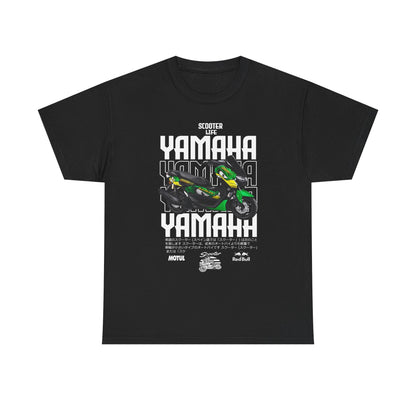 Luxurious black men's t-shirt featuring a striking Yamaha scooter graphic, highlighted by bold 'Scooter Life' typography and intricate Japanese text, perfect for scooter enthusiasts.