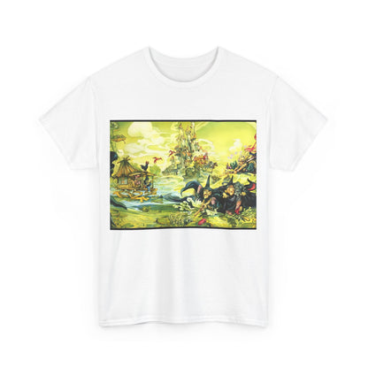 Discworld Witches Abroad Graphic Unisex T Shirt Tee showcasing whimsical artistry featuring iconic witches on an enchanting landscape, blending fantasy and fashion.