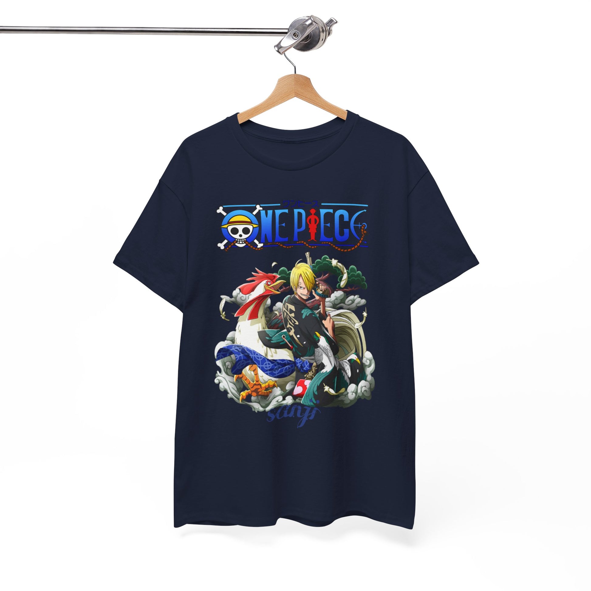Elegant men's t-shirt displayed on a hanger, highlighted by a stunning print of Sanji from One Piece, perfect for anime enthusiasts.