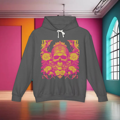 Unisex Lightweight Hooded Sweatshirt featuring a unique designer skull and roses design, displayed on a grey background.