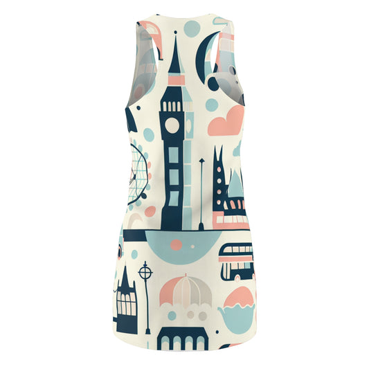 Stylish Valeria Cavalli London Racerback Dress showcasing vintage double-decker buses against a London backdrop.