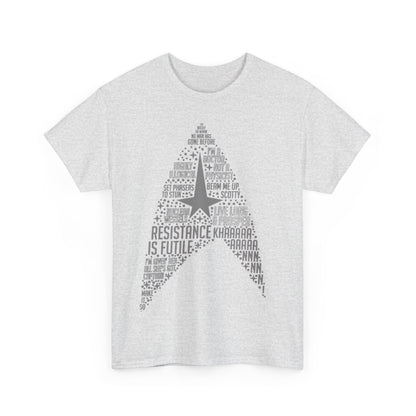 Front view of the grey Star Trek Federation Logo Art Graphic Unisex T-Shirt Tee, showcasing a creative collage of famous Star Trek quotes in a fashionable design.