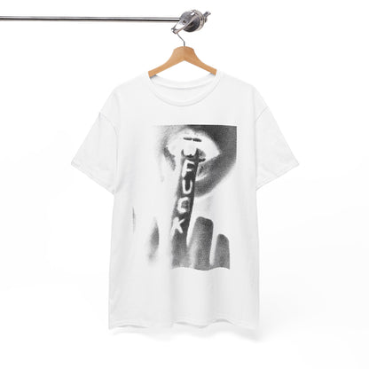 Sophisticated white t-shirt displayed on a wooden hanger, showcasing a dramatic black-and-white graphic of a finger and lips, ideal for urban street style.