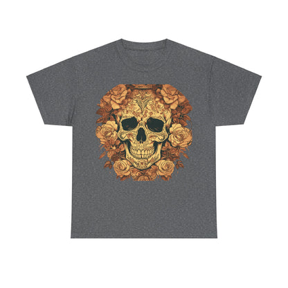 Elegant Skulls and Roses Cotton Tee in dark grey with captivating intricate skull and rose design, ideal for those who appreciate edgy style.