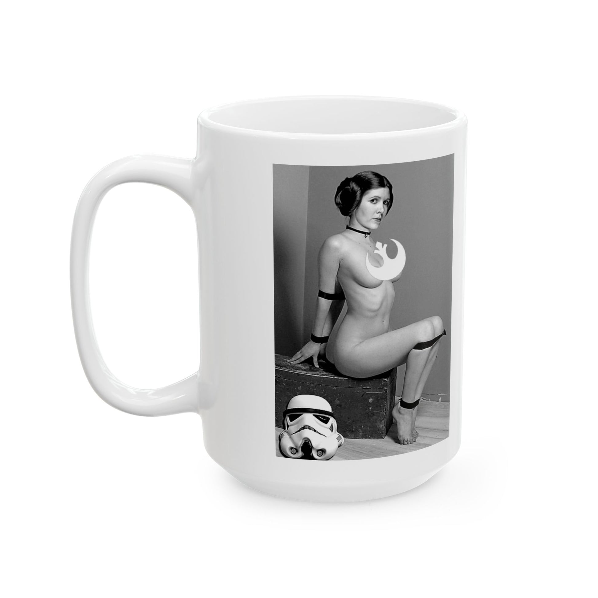 Close-up of the Star Wars Princess Leia Funny Sexy Ceramic Mug with a bold graphic of Leia, perfect for igniting laughter during coffee breaks.