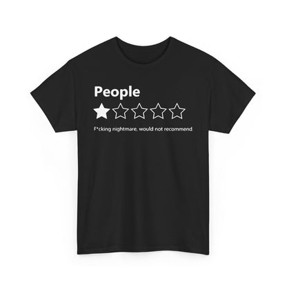 Sophisticated black t-shirt featuring striking white text: 'People' and a humorous rating system, emphasising a bold fashion statement.