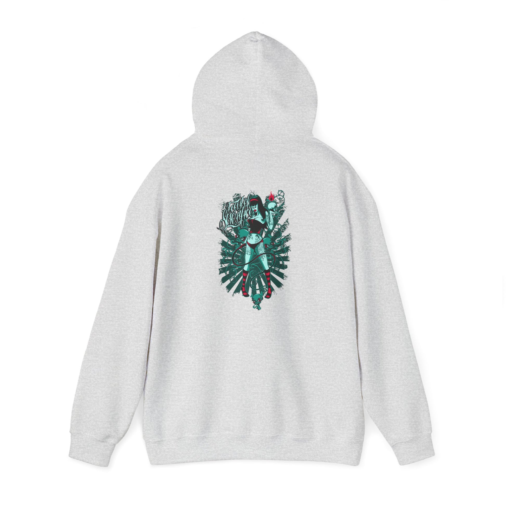 Luxury grey hoodie featuring an artistic back print of a fierce woman surrounded by intricate designs, highlighted by vibrant colours and dramatic imagery.