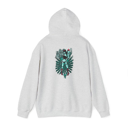 Luxury grey hoodie featuring an artistic back print of a fierce woman surrounded by intricate designs, highlighted by vibrant colours and dramatic imagery.
