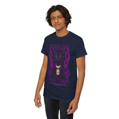Fashionable male model showcasing the navy Roronoa Zoro graphic tee, featuring an artistic portrayal of the iconic character, perfect for anime enthusiasts.