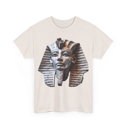 Front view of Pharaoh’s Gaze Unisex Graphic Tee showcasing an artistic Egyptian design inspired by ancient pharaoh sculptures, crafted from luxurious cotton.