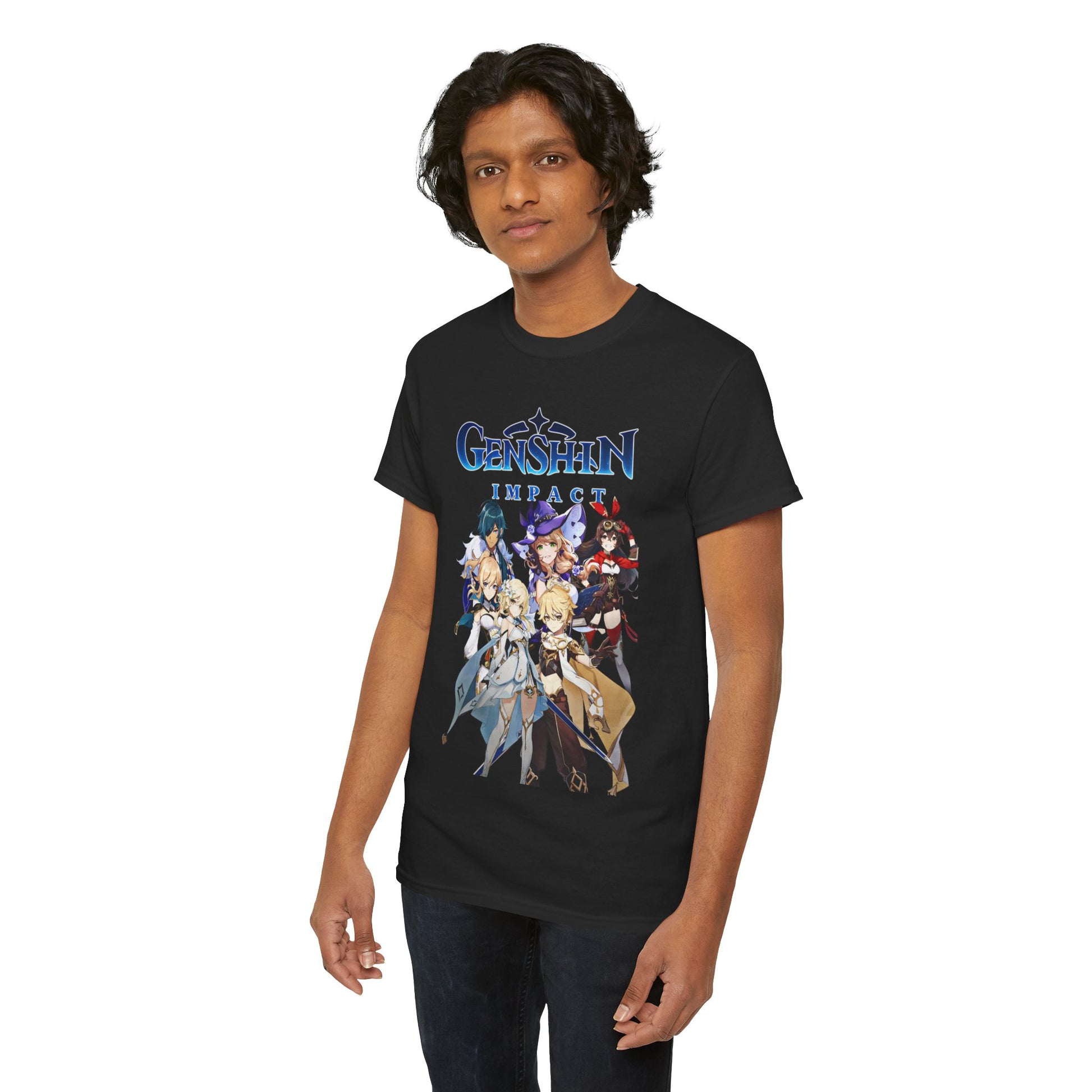 Fashionable individual showcasing a black Genshin Impact T-shirt, elegantly displaying iconic characters, tailored for anime aficionados and luxury apparel lovers.