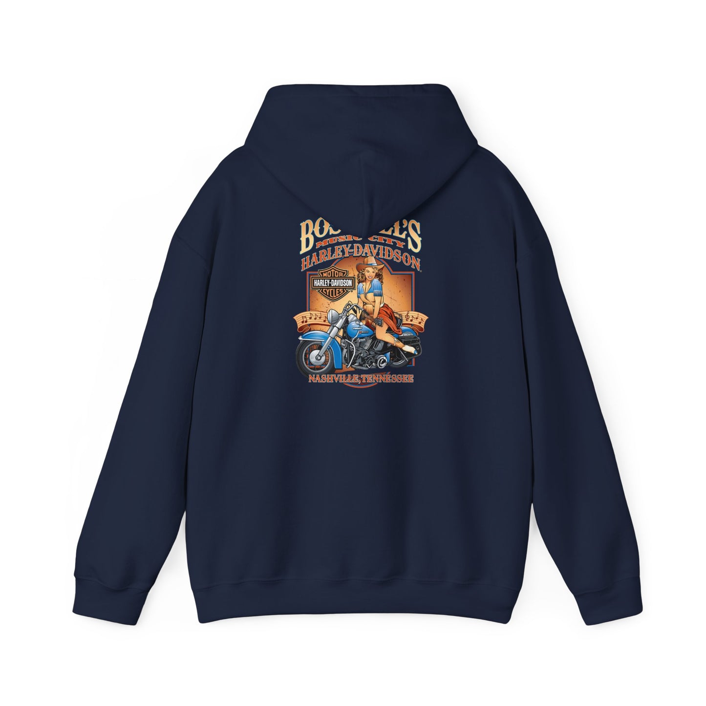 Luxury vintage navy hoodie featuring a detailed back print of a pin-up woman with a guitar on a classic blue motorcycle, styled with elements of Nashville's musical heritage.