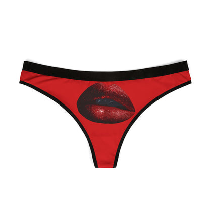 Elegant red thong featuring a striking graphic of sparkling red lips, ideal for a cheeky romantic gift.